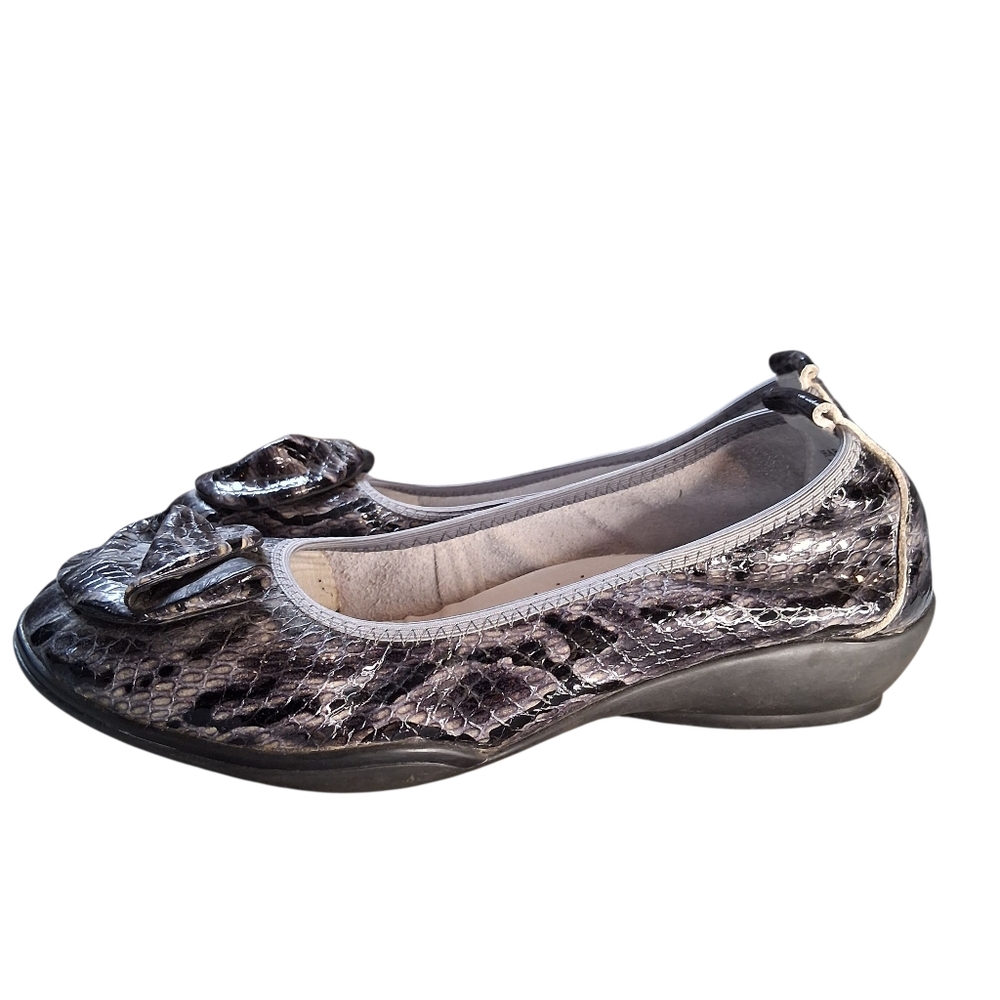 ​Anne Ross HARCEL Snake Print Flats Black Patent Bow Ballet Size 7.5 Leather